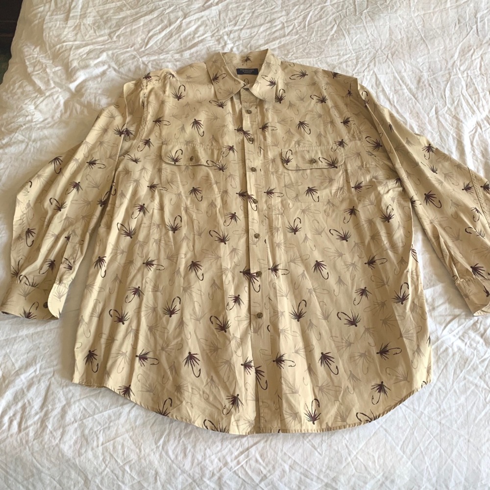 Roundtree & Yorke 3XLT Fishing Shirt Tan Long Sleeve Fly Print Cotton Tall